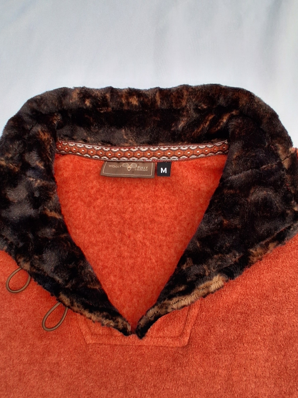 Vintage Wooly Bully Wear Colorado Faux Fur Collar Fleece Pullover Burnt Orange M